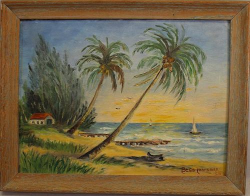 20th C. Painting of Sailboats, Palm Trees. Signed