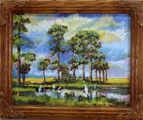 Florida School, Painting of Egrets in Landscape