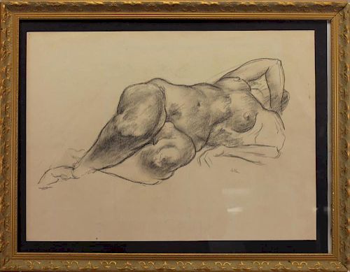 Signed, 20th C Reclining Nude Woman Drawing