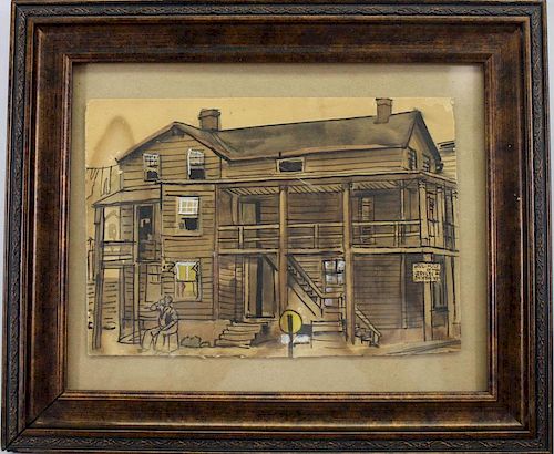 20th C. Mixed Media Painting of Wooden Building