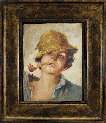 Early 20th C. Signed, Boy Smoking Pipe