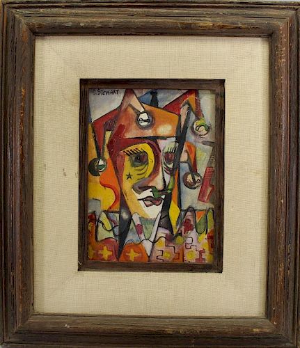 Stewart, Signed 20th C Painting of a Jester