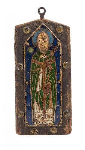 A French Champleve Enameled Bronze Mounted Plaque Height 7 1/8 inches.