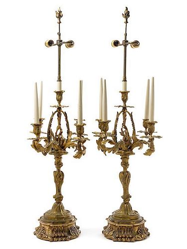 A Pair of Louis XV Style Gilt Bronze Five-Light Candelabra Height overall 35 1/4 inches.