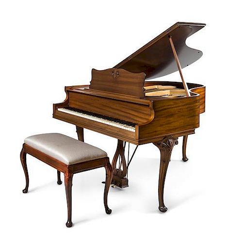A Louis XV Style Mahogany Baby Grand Piano Length of case 62 inches.