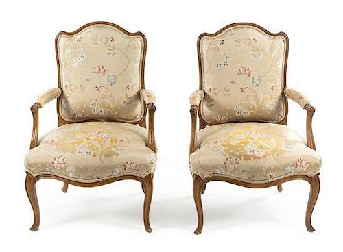 A Pair of Louis XV Style Fauteuils Height 39 1/2 inches.