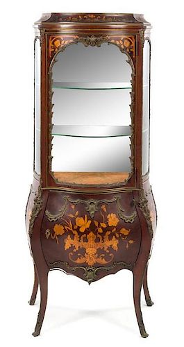 * A Louis XV Style Marquetry Vitrine Cabinet Height 65 x width 27 x depth 14 1/2 inches.