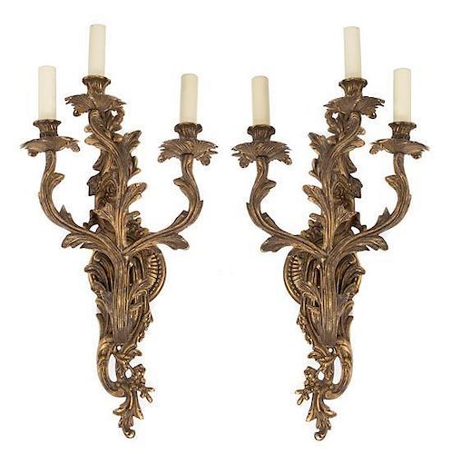A Pair of Louis XV Style Gilt Bronze Three-Light Sconces Height 27 inches.