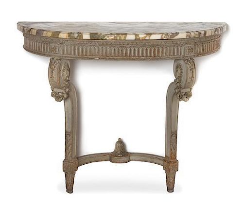 A Louis XVI Style Painted Console Table Height 33 7/8 x width 43 1/2 x depth 16 3/8 inches.