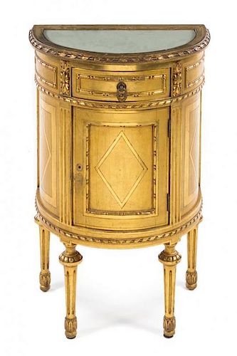A Louis XVI Style Giltwood Side Cabinet Height 30 3/4 x width 19 3/4 x depth 13 1/2 inches.