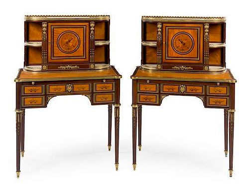 * A Pair of Louis XVI Style Gilt Bronze Mounted Marquetry Bonheurs du Jour Height 48 x width 32 3/4 x depth 17 1/2 inches.