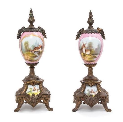 * A Pair of Sevres Style Porcelain and Bronze Table Ornaments Height 11 3/4 inches.