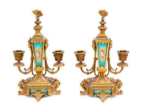 * A Pair of French Porcelain Mounted Gilt Bronze Two-Light Candelabra Height 11 1/2 inches.