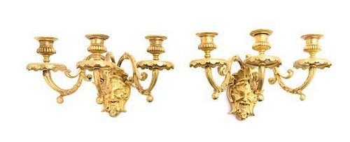 * A Pair of Napoleon III Gilt Bronze Three-Light Sconces Height 5 inches.
