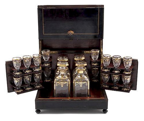 * A Napoleon III Brass Inlaid Cave a Liqueur Height 10 5/8 x width 12 1/2 x depth 9 3/8 inches.