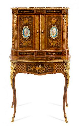 A Napoleon III Gilt Bronze and Sevres Style Porcelain Mounted Kingwood, Rosewood, Sycamore and Stained Fruitwood Marquetry Bo