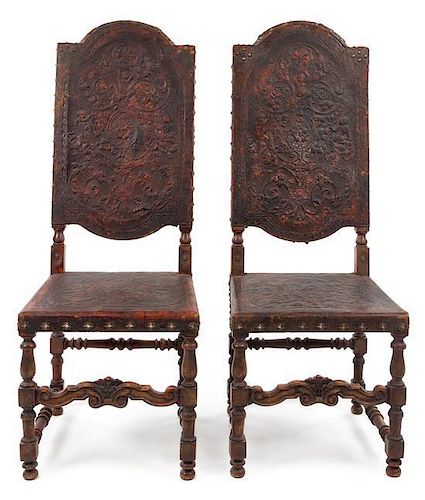 A Pair of French Renaissance Revival Hall Chairs Height 49 inches.