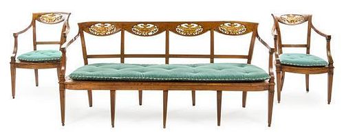 An Italian Parcel Gilt Walnut Seating Suite Height of settee 33 x width 74 1/2 x depth 21 inches.