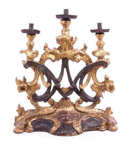 An Italian Painted Giltwood Three-Light Candelabrum Height 19 3/4 x width 17 inches.