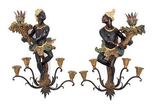 A Pair of Venetian Painted and Parcel Gilt Figural Sconces Height 20 inches.