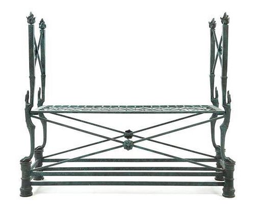 A Pompeiian Style Patinated Bronze Bench Height 40 x width 50 x depth 18 inches.