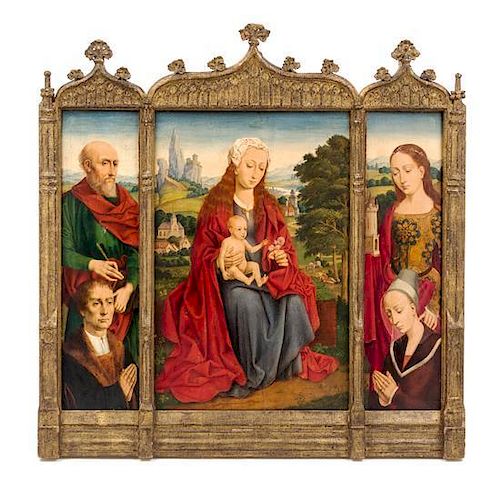 Flemish School, (15th/16th Century), Madonna and Child in a Landscape Flanked by Saints and Donors (triptych)