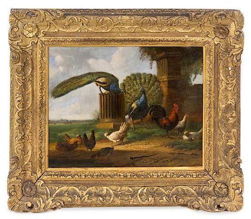 Albertus Verhoesen, (Dutch, 1806-1881), Landscape with Peacocks and Fowl