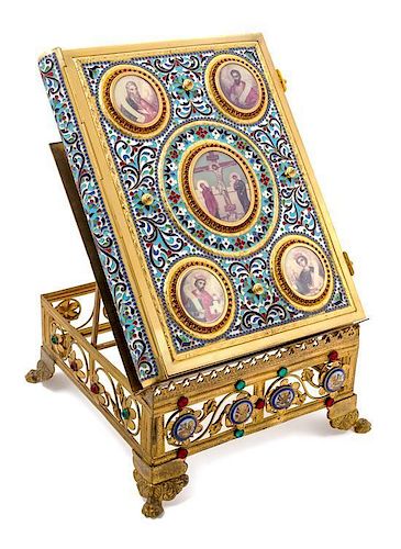 A Greek Enameled Gilt Brass Bible and Bible Stand Height 17 1/8 inches.