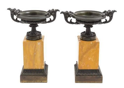 A Pair of Grand Tour Bronze and Marble Urns Height 10 1/2 inches.
