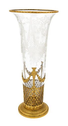 A Continental Gilt Metal Mounted Etched Glass Vase Height 17 inches.