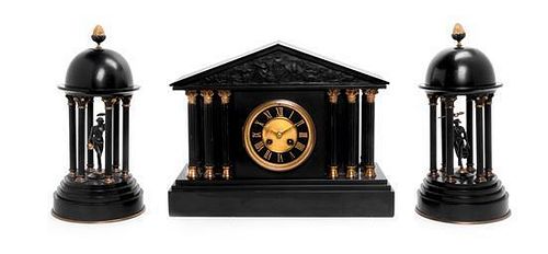 * A Continental Marble Three-Piece Clock Garniture Width of mantel clock 16 inches.