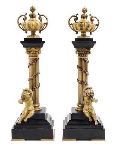 * A Pair of Continental Gilt Bronze Table Ornaments Height 15 1/4 inches.