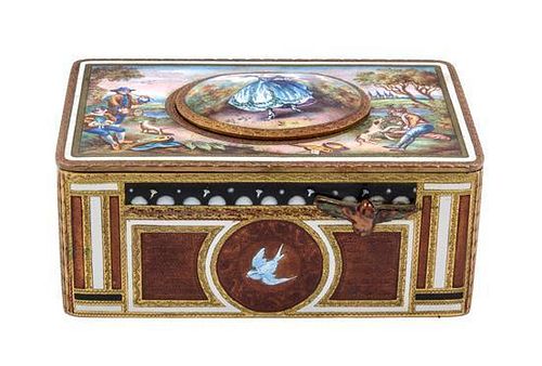 A Continental Enameled Singing Bird Box Height 2 x width 4 x depth 2 1/2 inches.