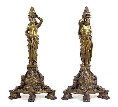 A Pair of Continental Gilt Bronze Figural Andirons Height 46 inches.