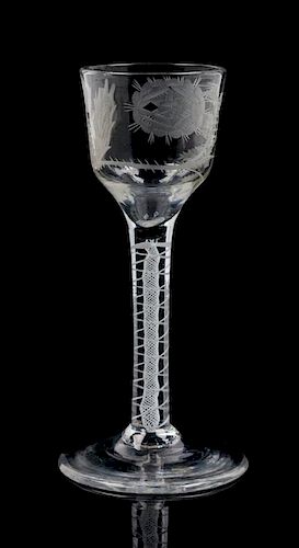 * A Georgian Opaque Twist Wine Stem of Jacobite Interest Height 5 3/4 inches.