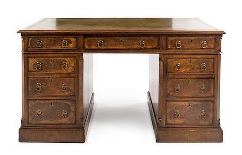 A George III Burlwood Pedestal Desk Height 30 x width 53 1/2 x depth 28 1/2 inches.