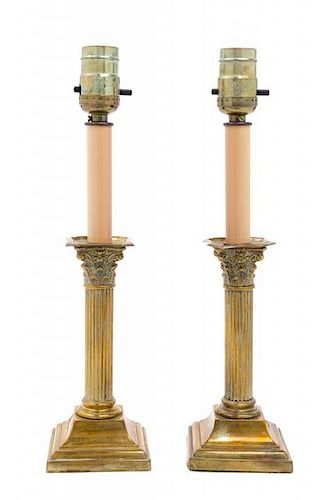 A Pair of English Brass Candlestick Lamps Height 14 inches.