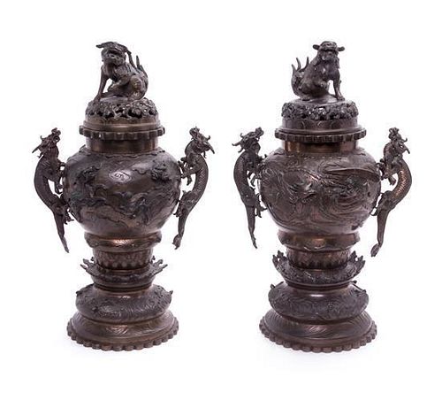 * A Pair of Japanese Bronze Urns Height 16 inches.