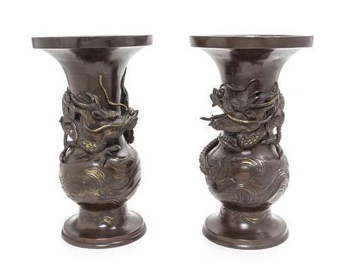 * A Pair of Japanese Bronze Vases Height 14 3/8 inches.