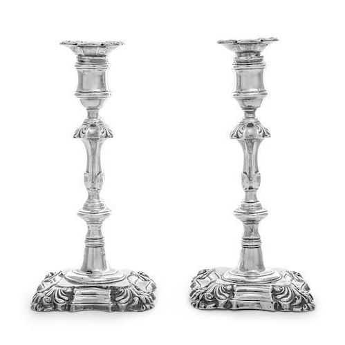 A Pair of George II Silver Candlesticks, John Hyatt & Charles Semore, London, 1758, the urn form candle cup with a removable