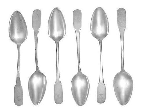 A Set of Six George III Silver Table Spoons, Maker's Mark R.W. in an oval, London, 1799, each having a fiddle form handle wit