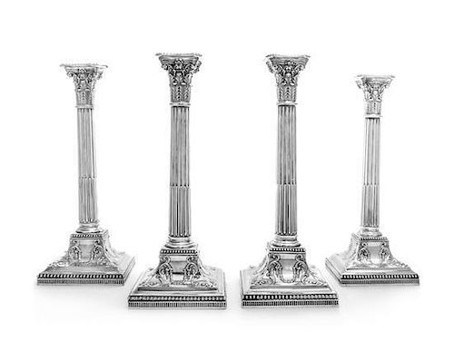 A Set of Four English Silver-Plate Candlesticks, J. Dixon & Sons, Sheffield, Late 19th/Early 20th Century, each in the form o