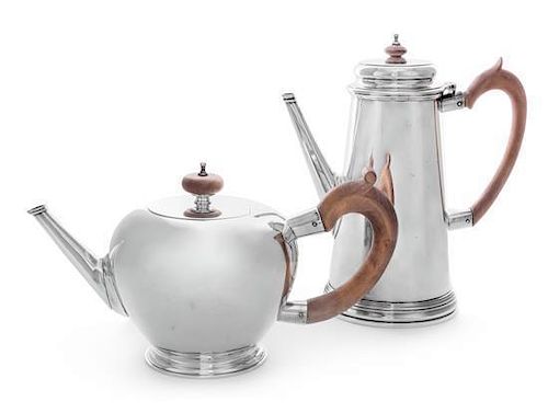 An English Silver Teapot and Coffee Pot, Walter H. Wilson, London, 1968, the coffee pot of tapering cylindrical form, the tea