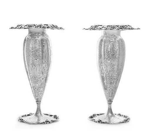 * A Pair of American Silver Vases, Early 20th Century, each having a flared openwork rim worked to show floral and foliate mo
