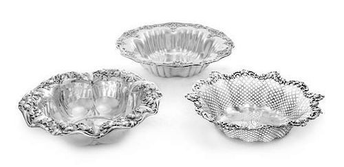 A Group of Three American Silver Bowls, Various Makers, each having a lobed body with openwork decoration.