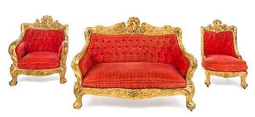 * An American Art Nouveau Giltwood Parlor Suite Height of sofa 43 1/2 x width 59 inches.