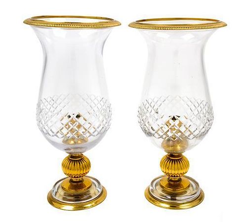A Pair of Gilt Metal Mounted Cut Glass Hurricane Candlesticks Height 13 1/2 inches.