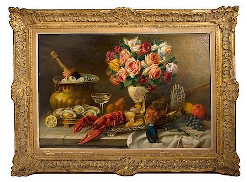 Artist Unknown, (American, 19th/20th Century), Still Life with Lobster, Game, Vase of Flowers and Champagne