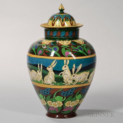 Foley Pottery Polychrome Enameled Earthenware Vase and Cover
