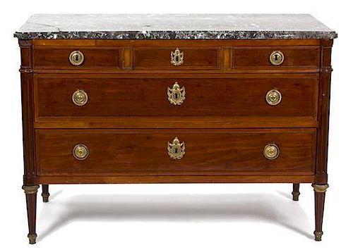 A Louis XVI Style Marble Top Commode Height 35 x width 50 1/2 x depth 23 1/4 inches.